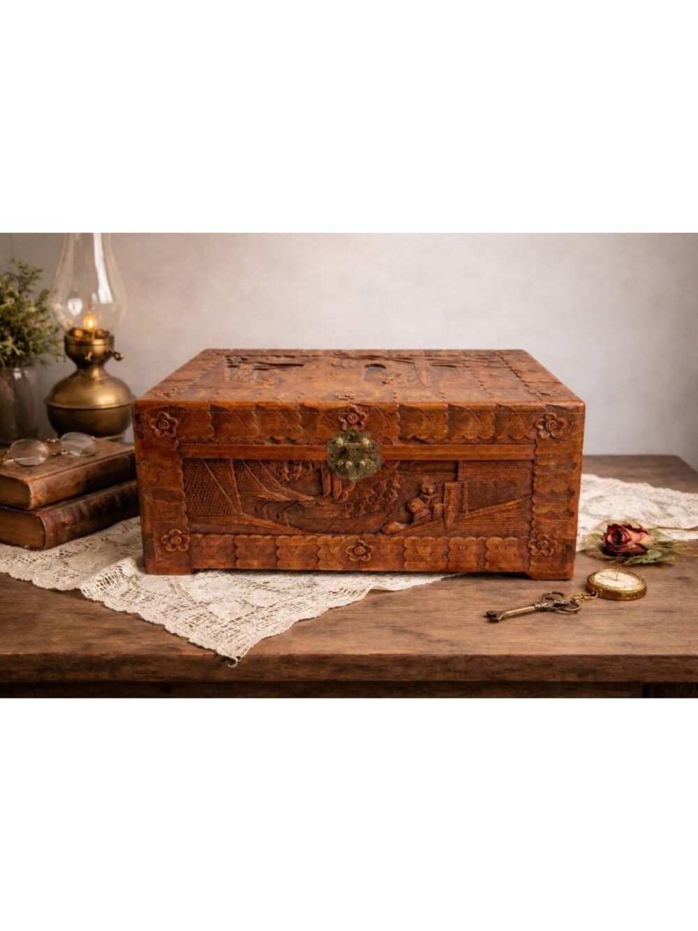 Vintage Camphor Wood Asian Village Scene Tribal Folk Art Storage Box 12"